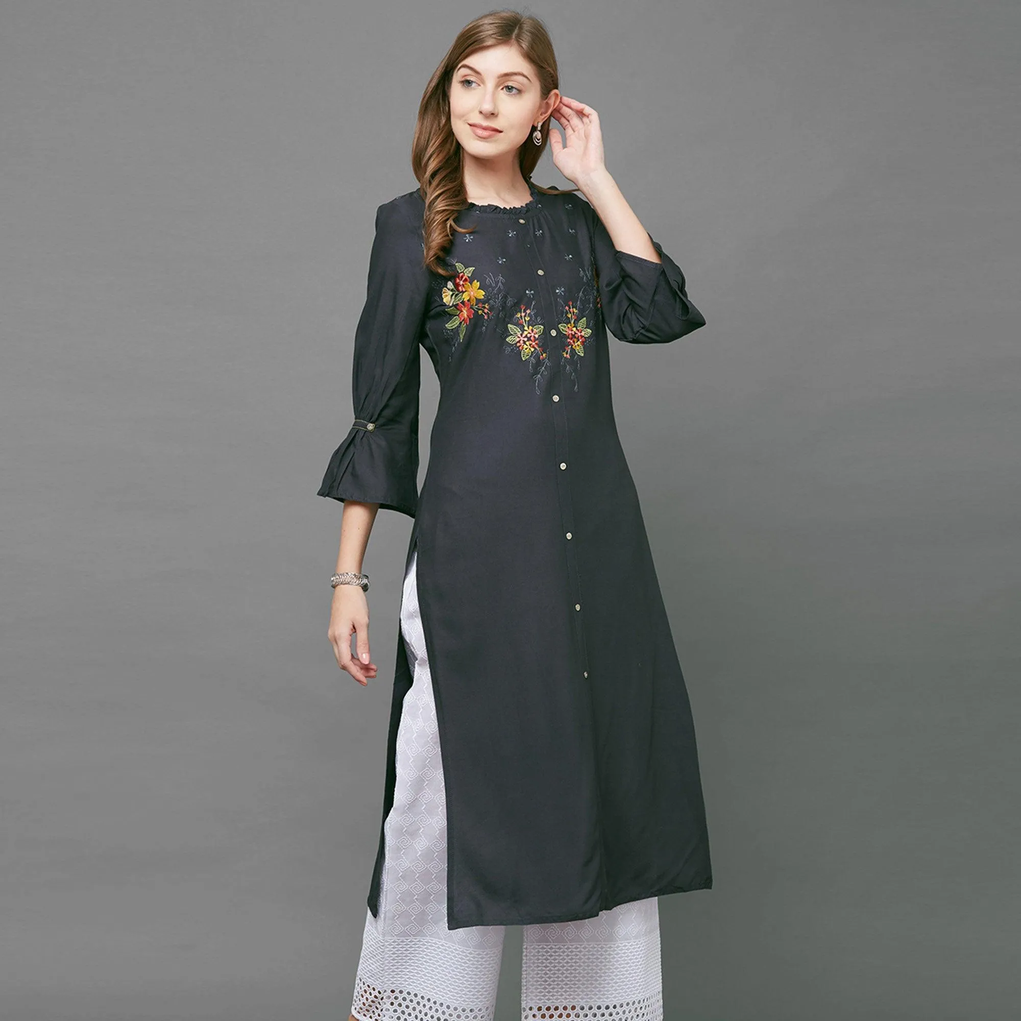 Breathtaking Gray Colored Casual Embroidered Cotton Kurti