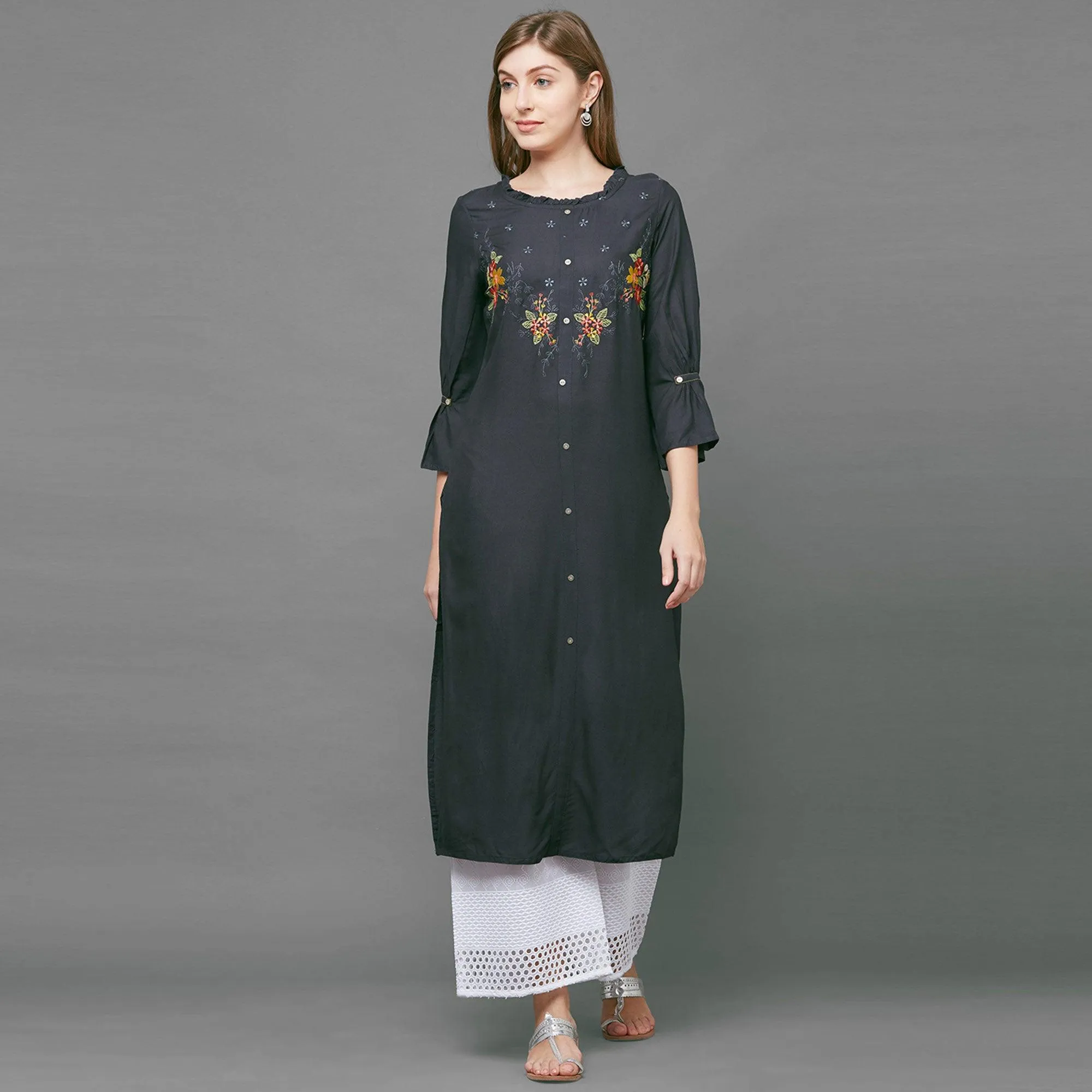 Breathtaking Gray Colored Casual Embroidered Cotton Kurti