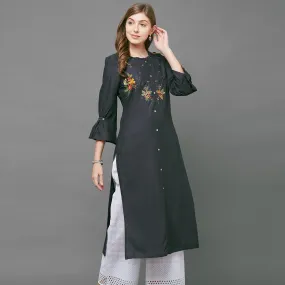 Breathtaking Gray Colored Casual Embroidered Cotton Kurti
