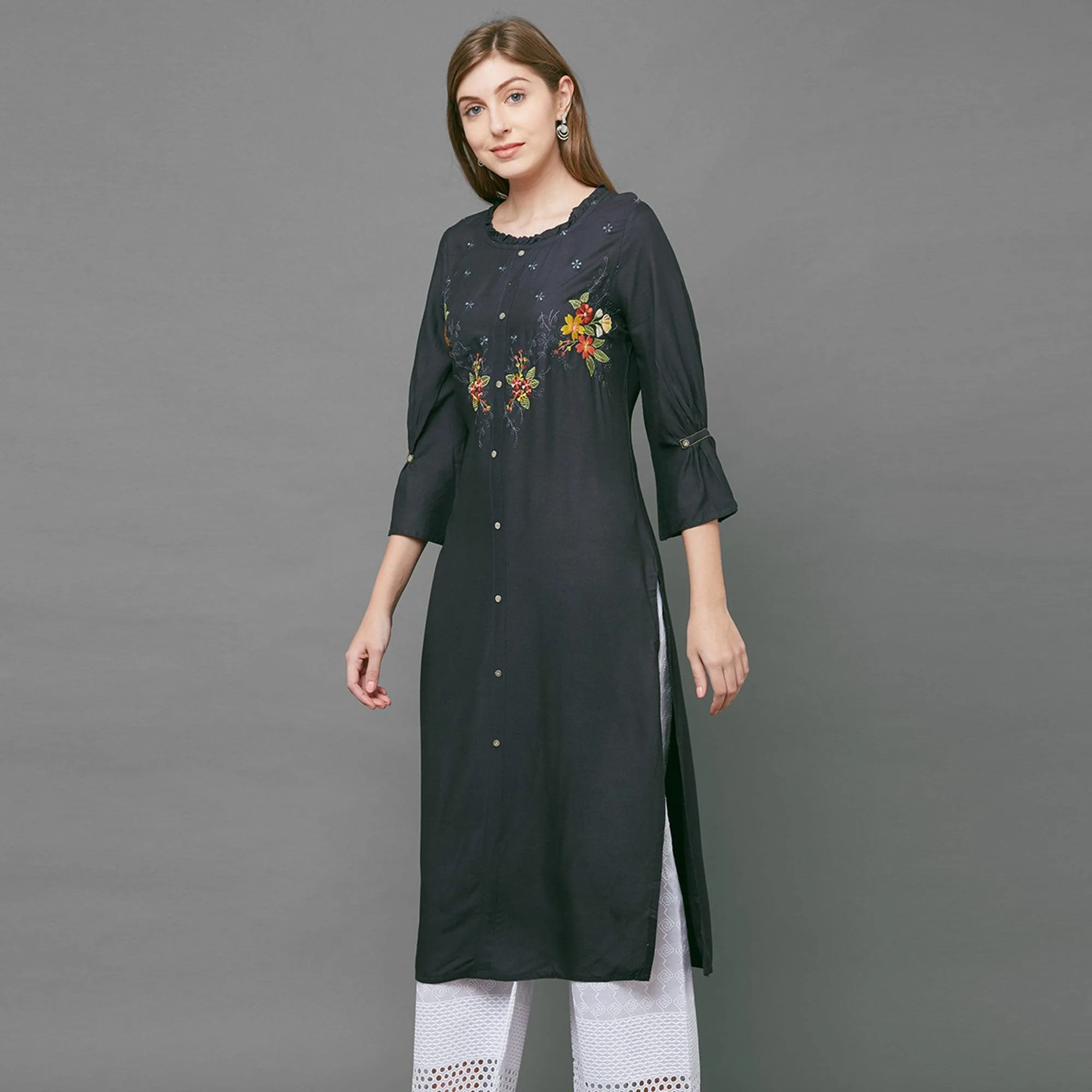 Breathtaking Gray Colored Casual Embroidered Cotton Kurti