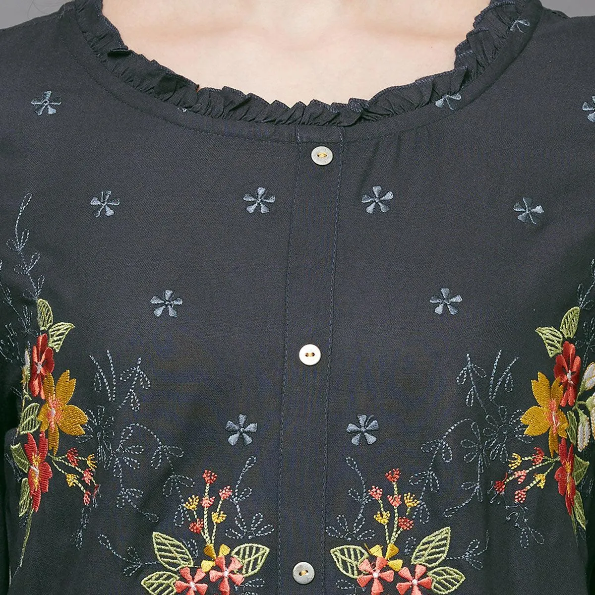 Breathtaking Gray Colored Casual Embroidered Cotton Kurti