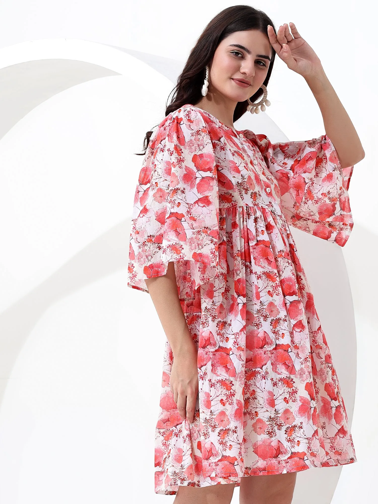Buy our Red Floral Mini Dress with Dolman Sleeves