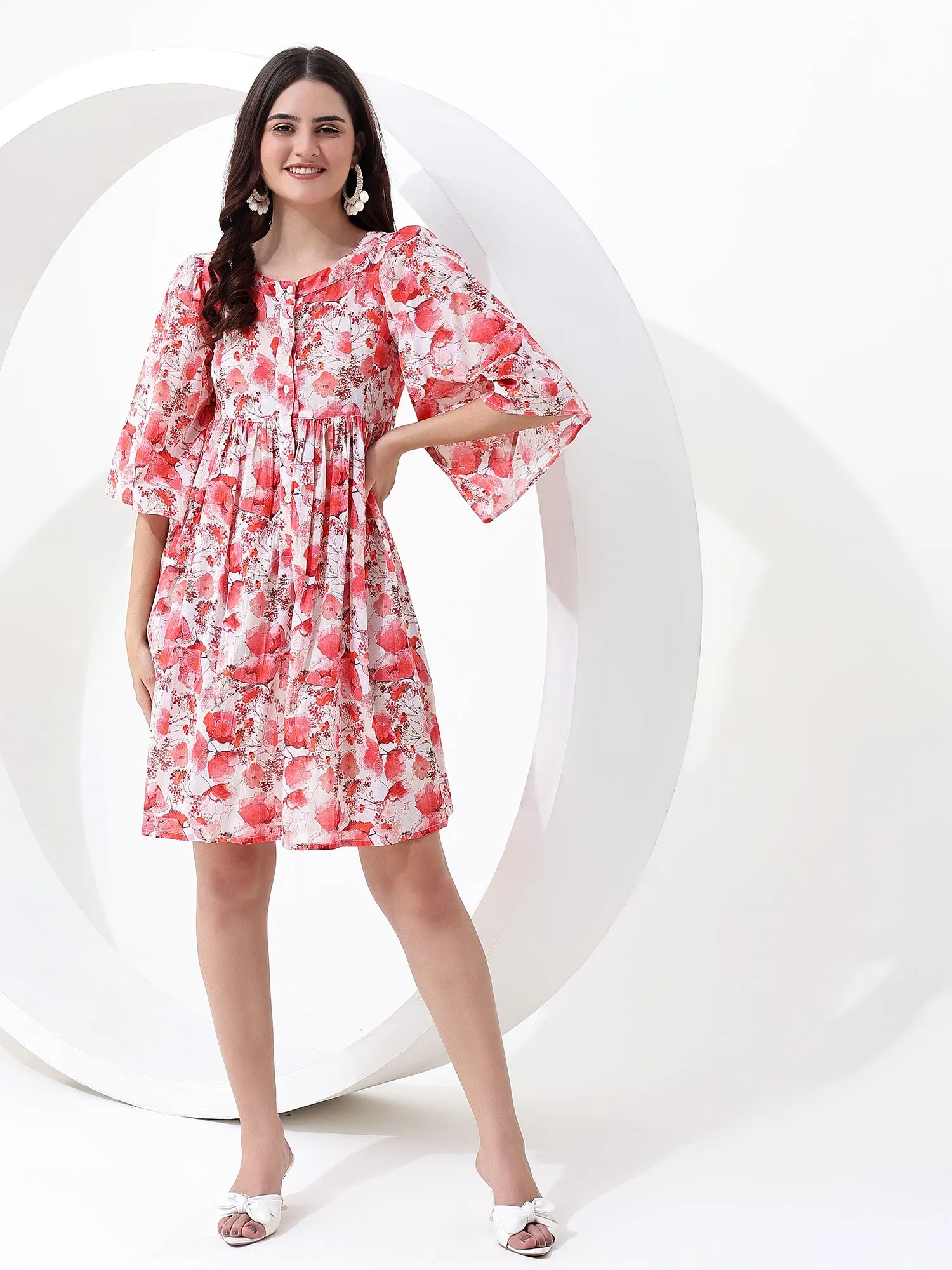 Buy our Red Floral Mini Dress with Dolman Sleeves