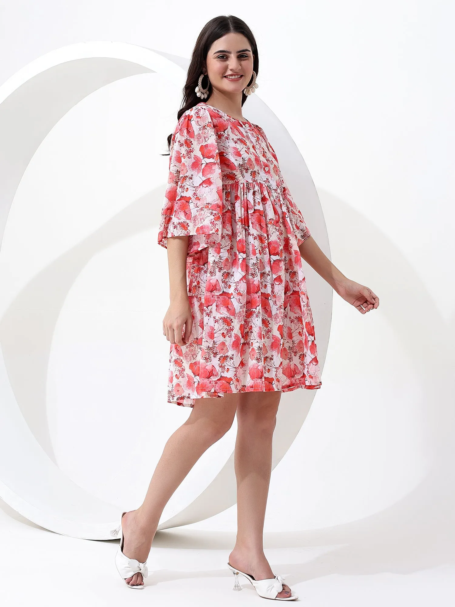 Buy our Red Floral Mini Dress with Dolman Sleeves