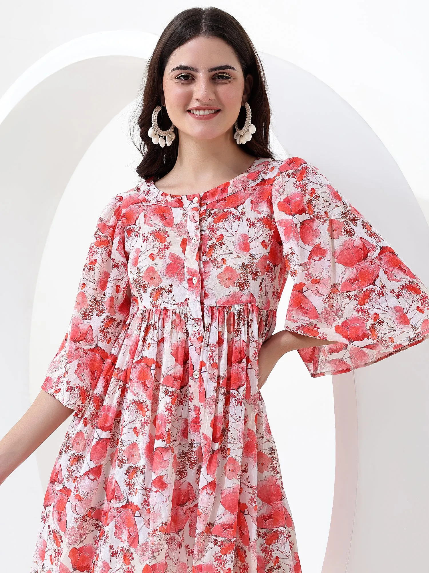 Buy our Red Floral Mini Dress with Dolman Sleeves