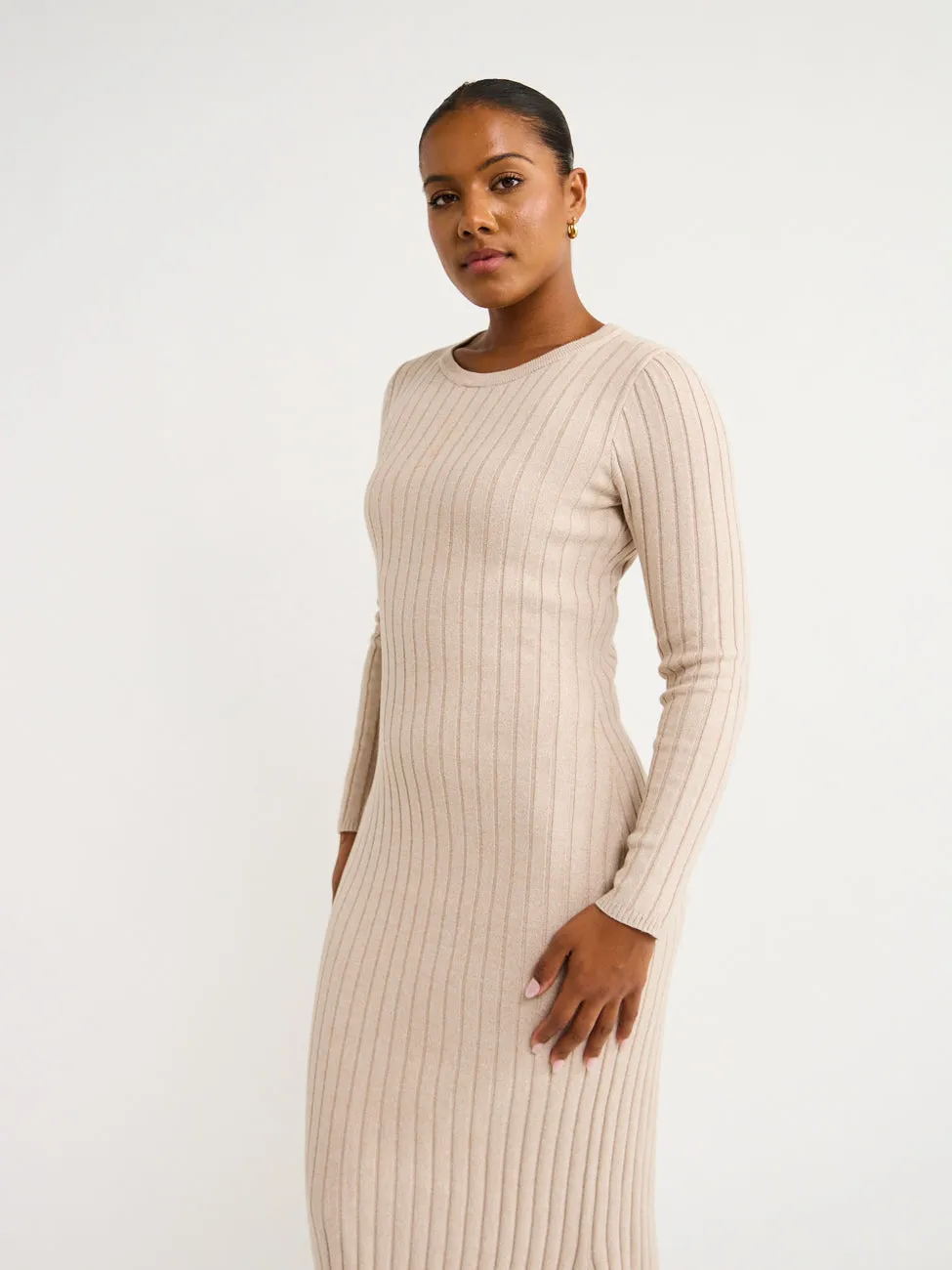 By Nicola Moon Midi Knitted Dress in Beige Marle