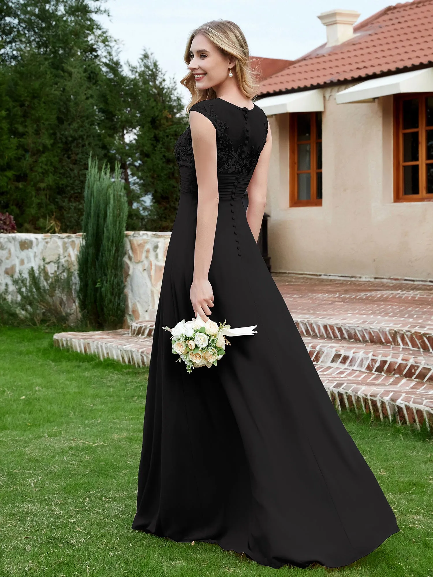 Chiffon And Lace Floor-length A-line Dress Black Plus Size