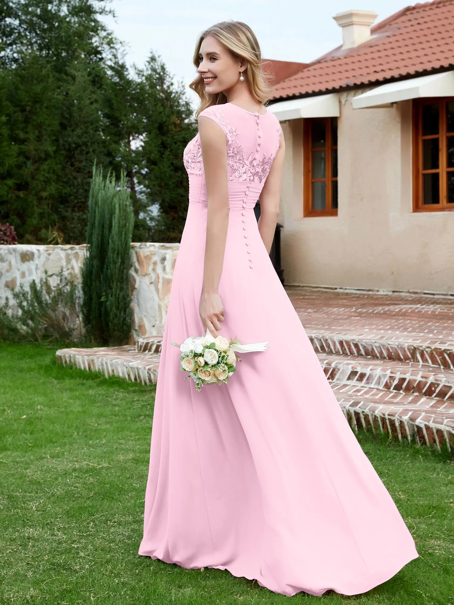 Chiffon And Lace Floor-length A-line Dress Blushing Pink Plus Size