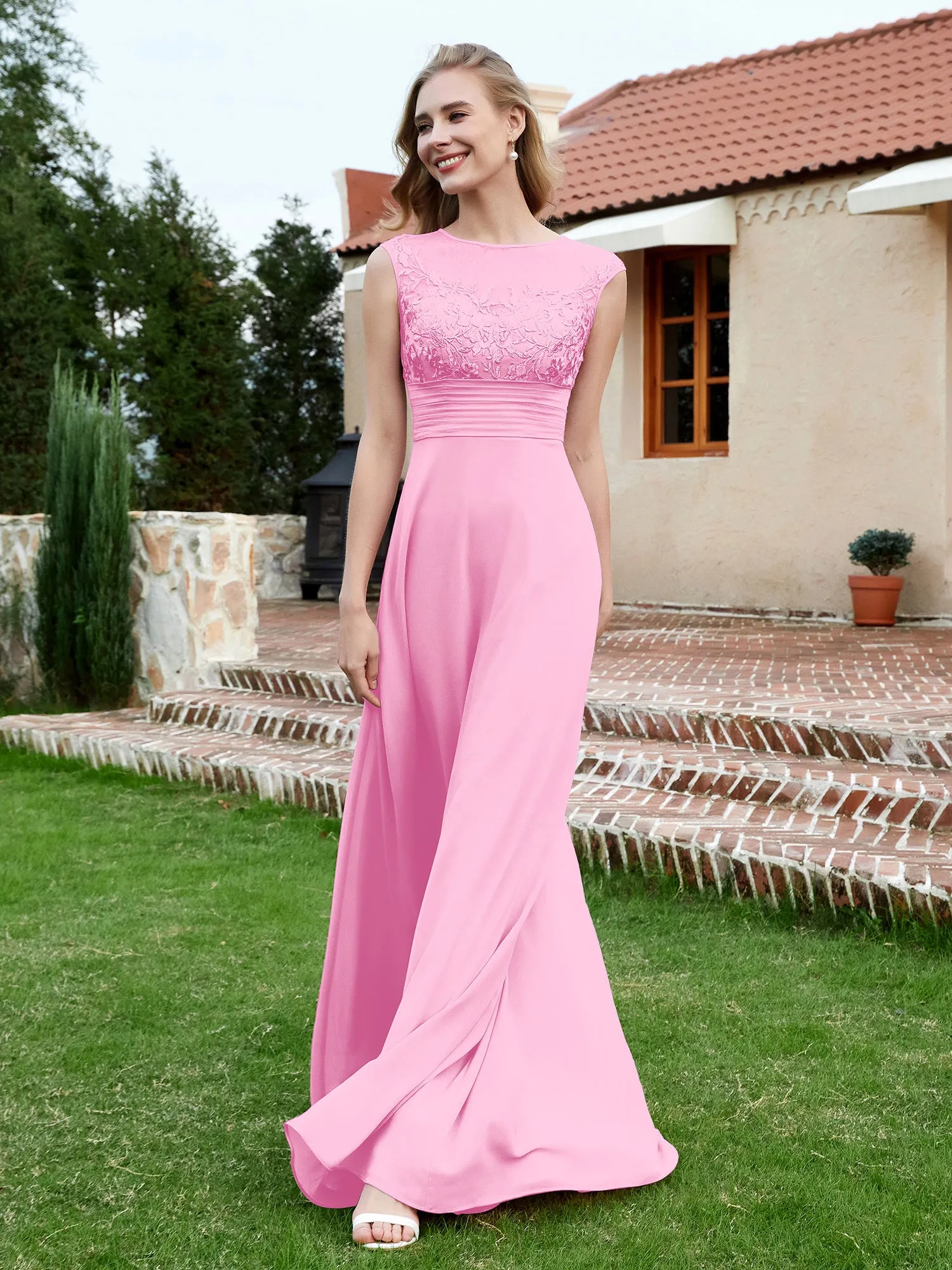 Chiffon And Lace Floor-length A-line Dress Candy Pink Plus Size