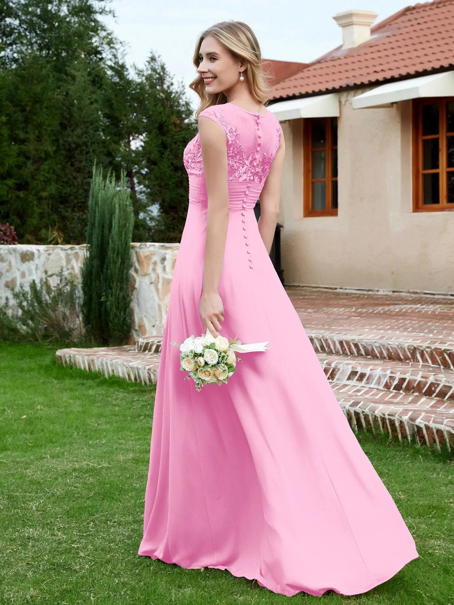 Chiffon And Lace Floor-length A-line Dress Candy Pink Plus Size