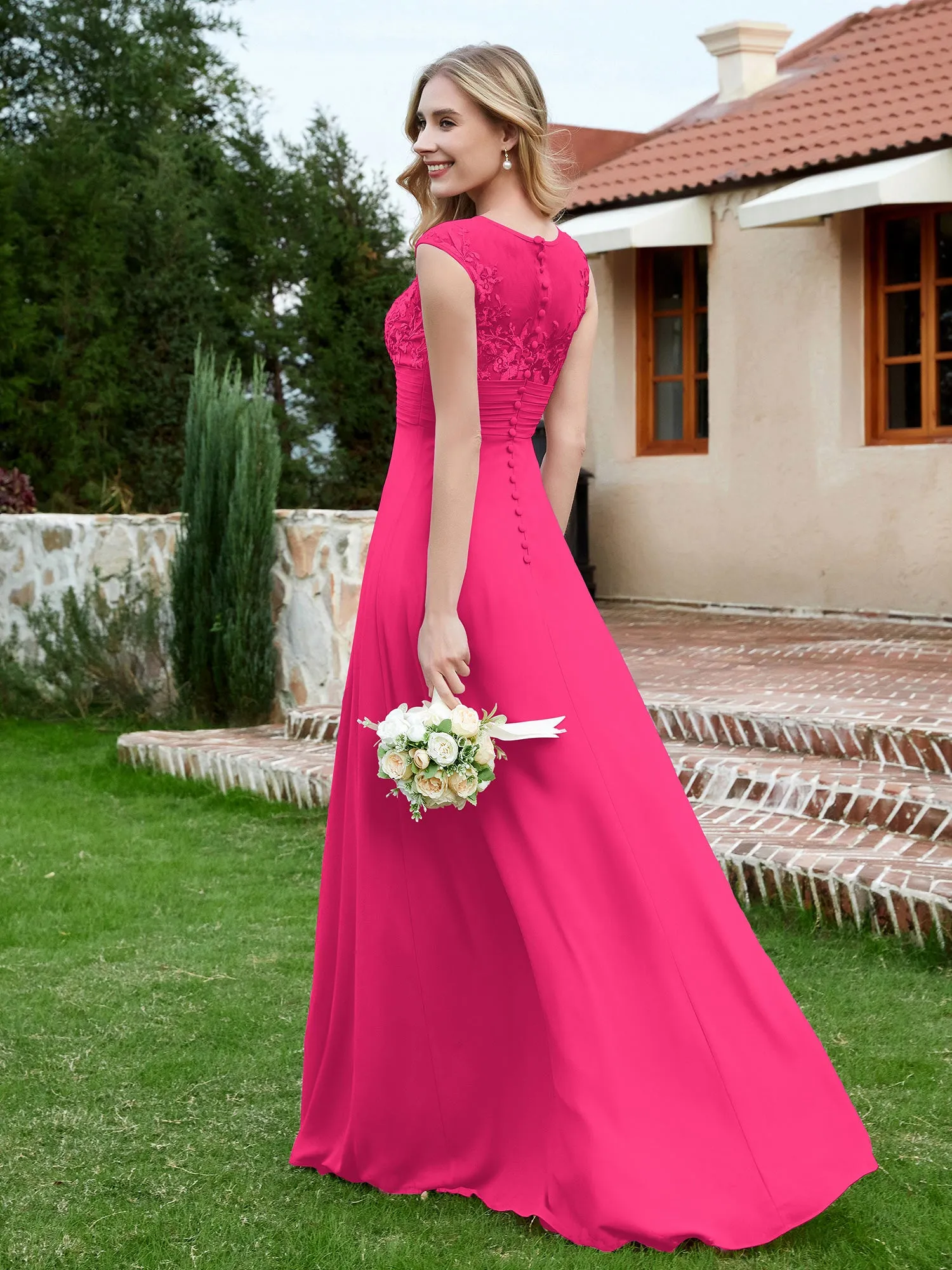 Chiffon And Lace Floor-length A-line Dress Fuchsia Plus Size