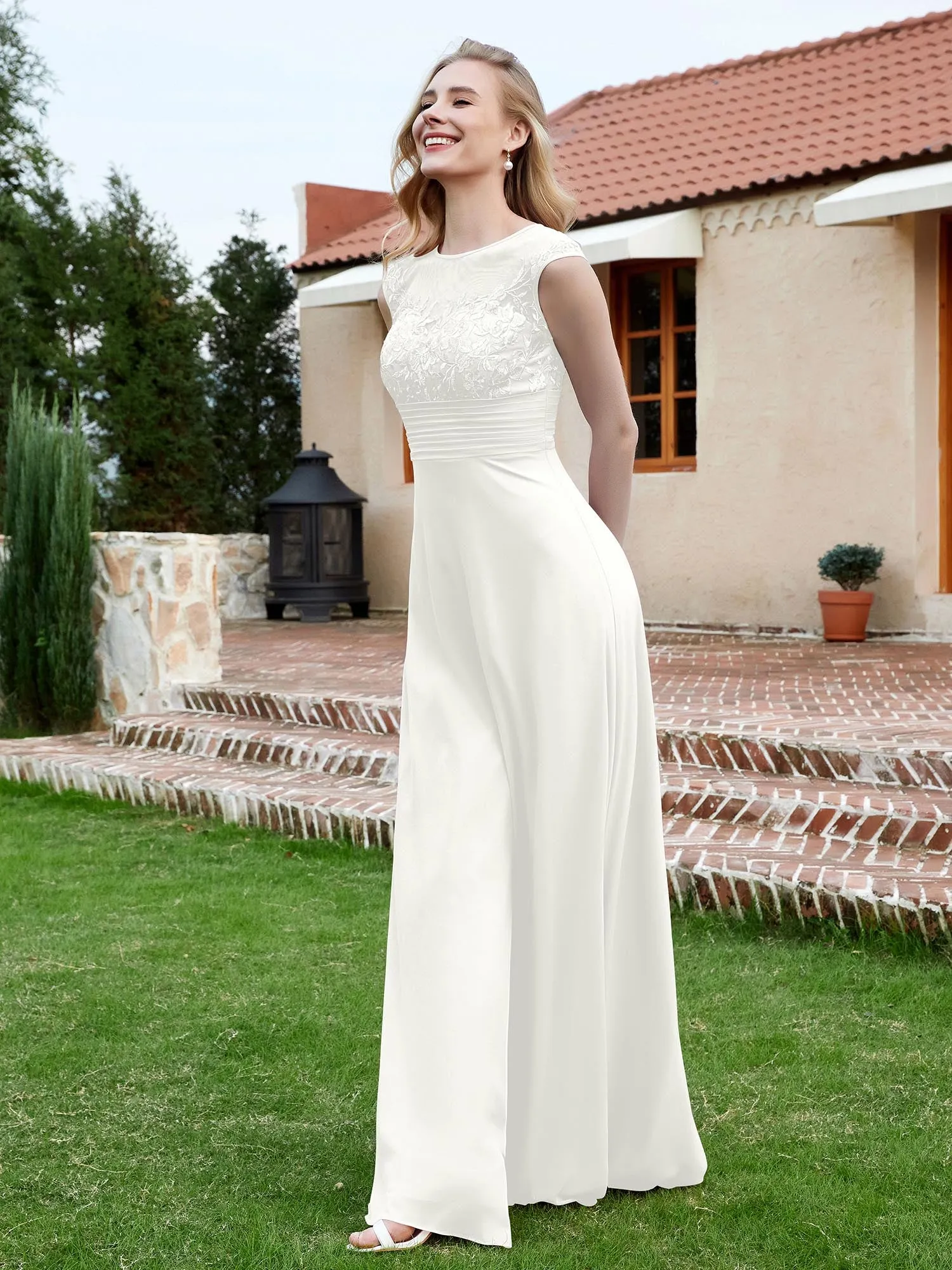 Chiffon And Lace Floor-length A-line Dress Ivory