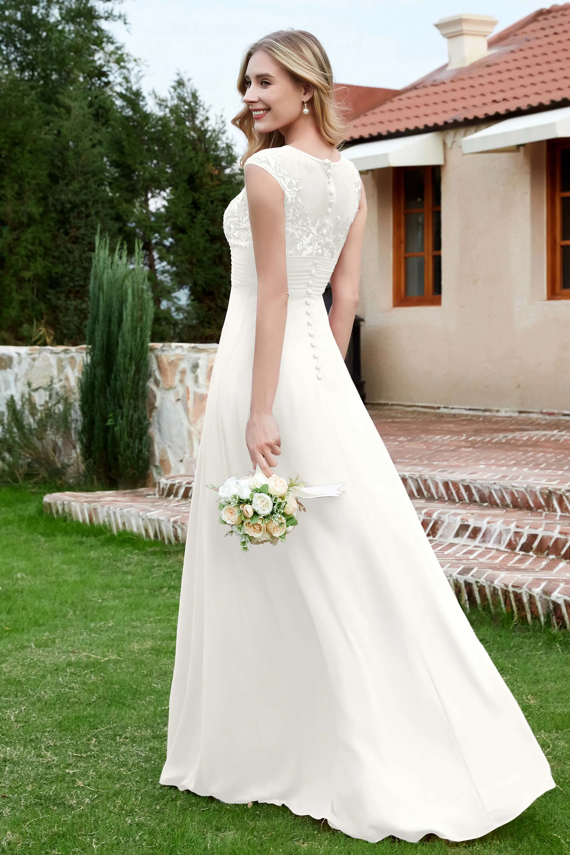 Chiffon And Lace Floor-length A-line Dress Ivory