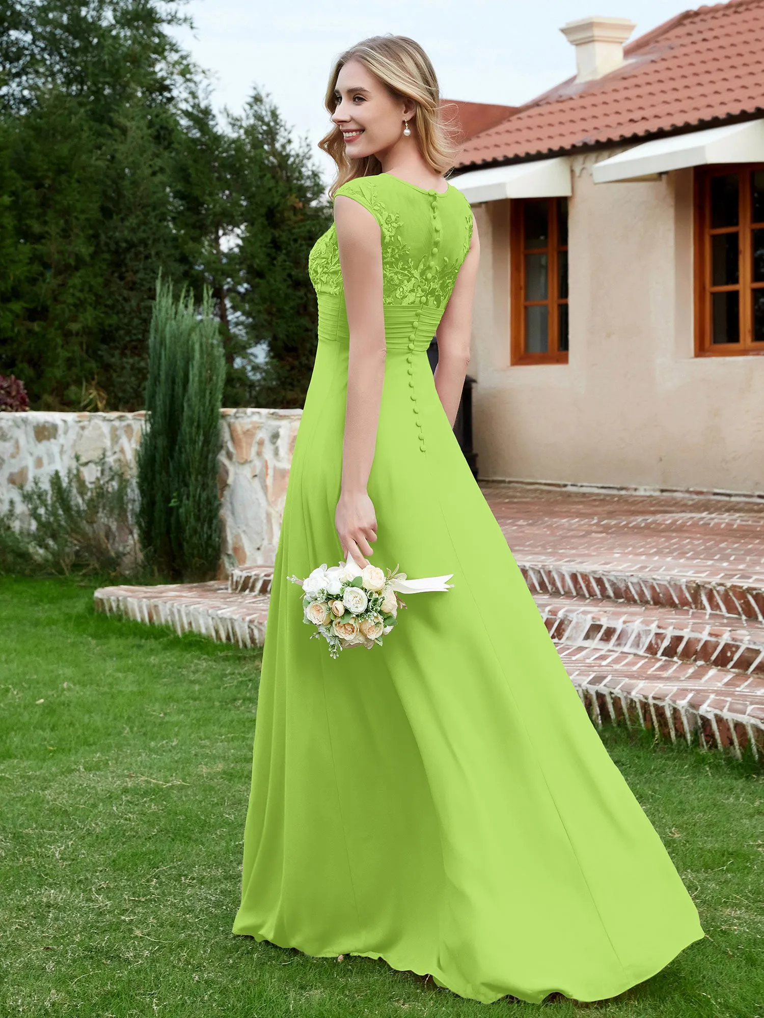 Chiffon And Lace Floor-length A-line Dress Lime Green Plus Size