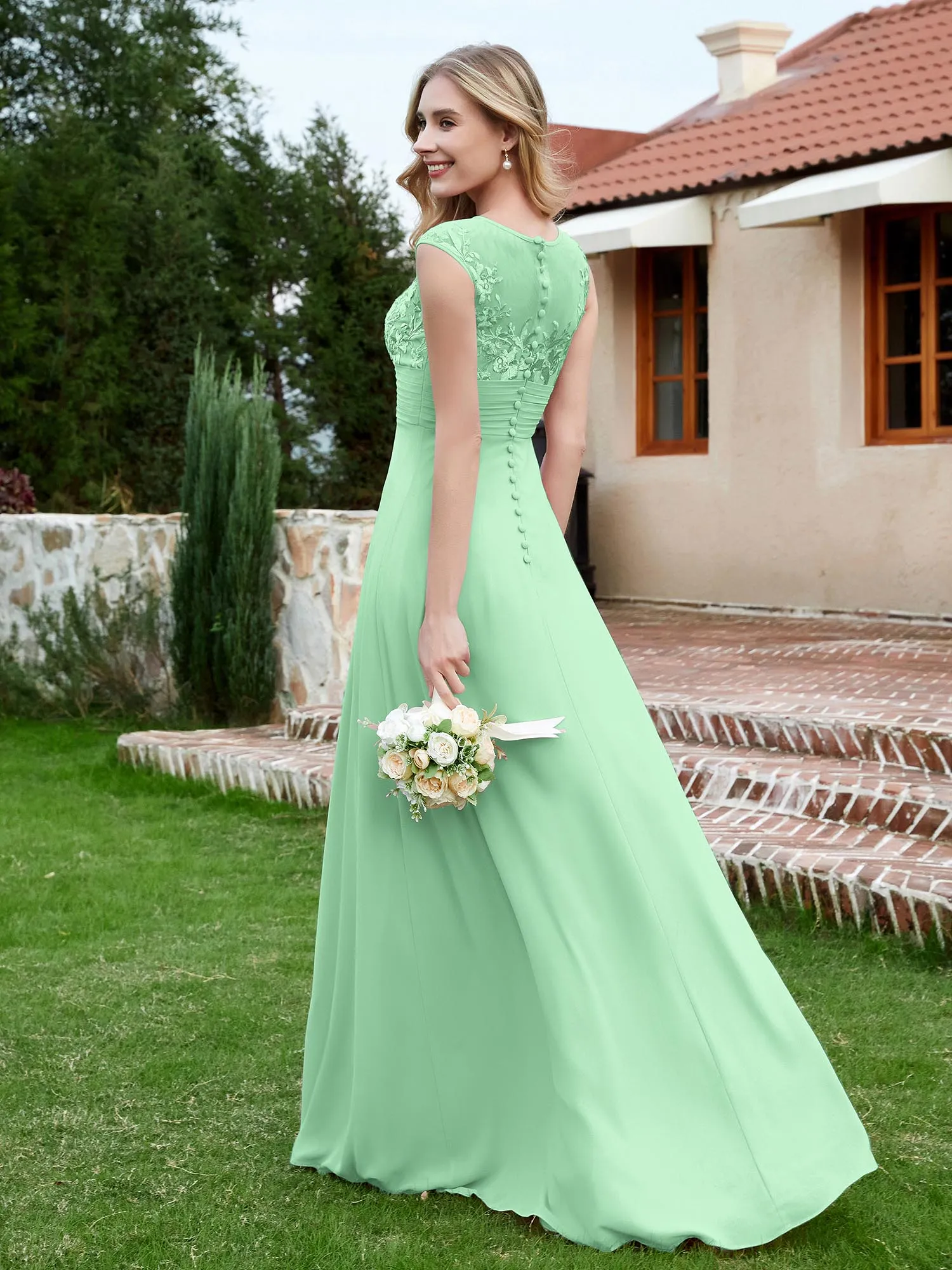 Chiffon And Lace Floor-length A-line Dress Mint Green