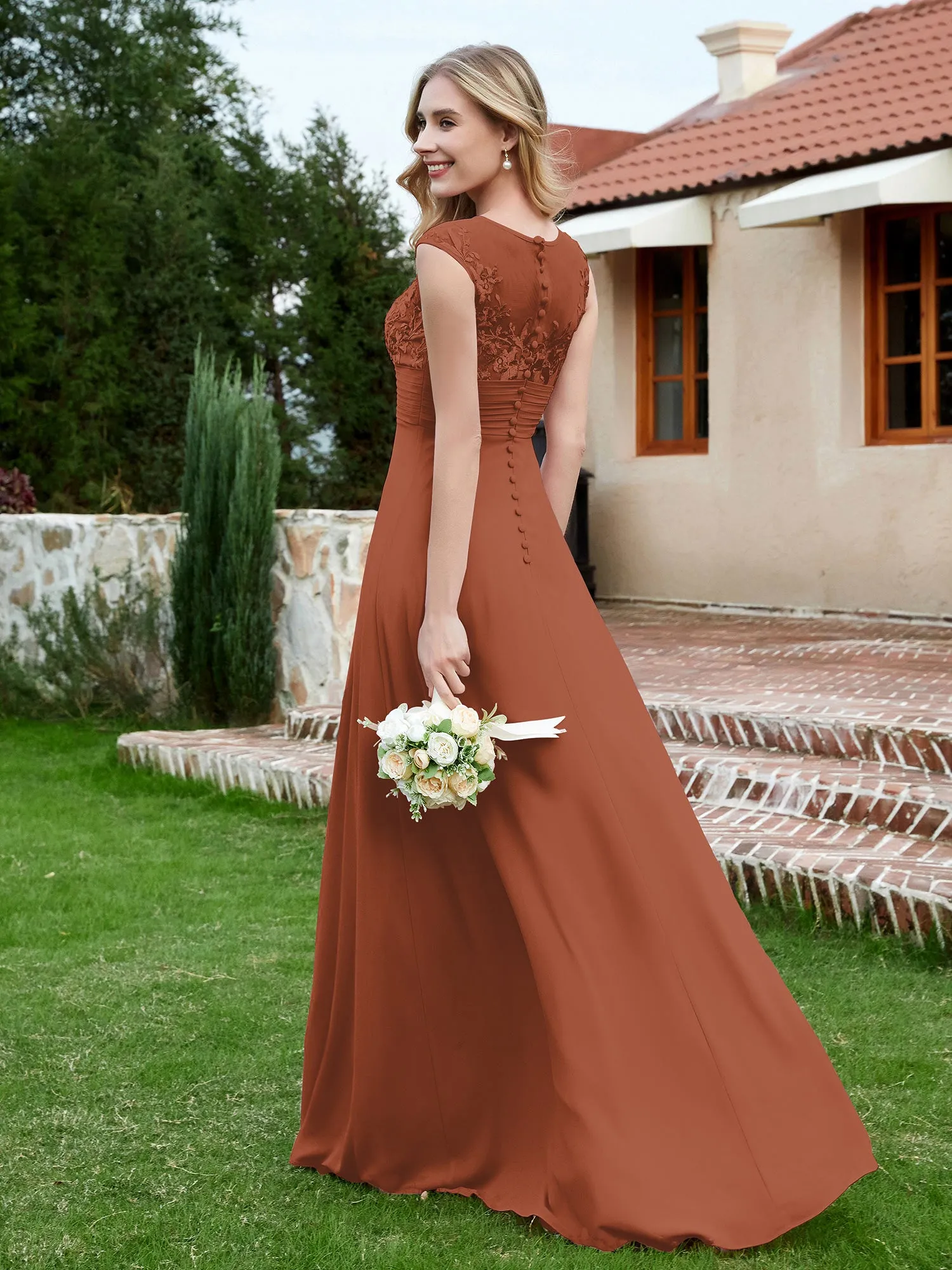 Chiffon And Lace Floor-length A-line Dress Rust Plus Size