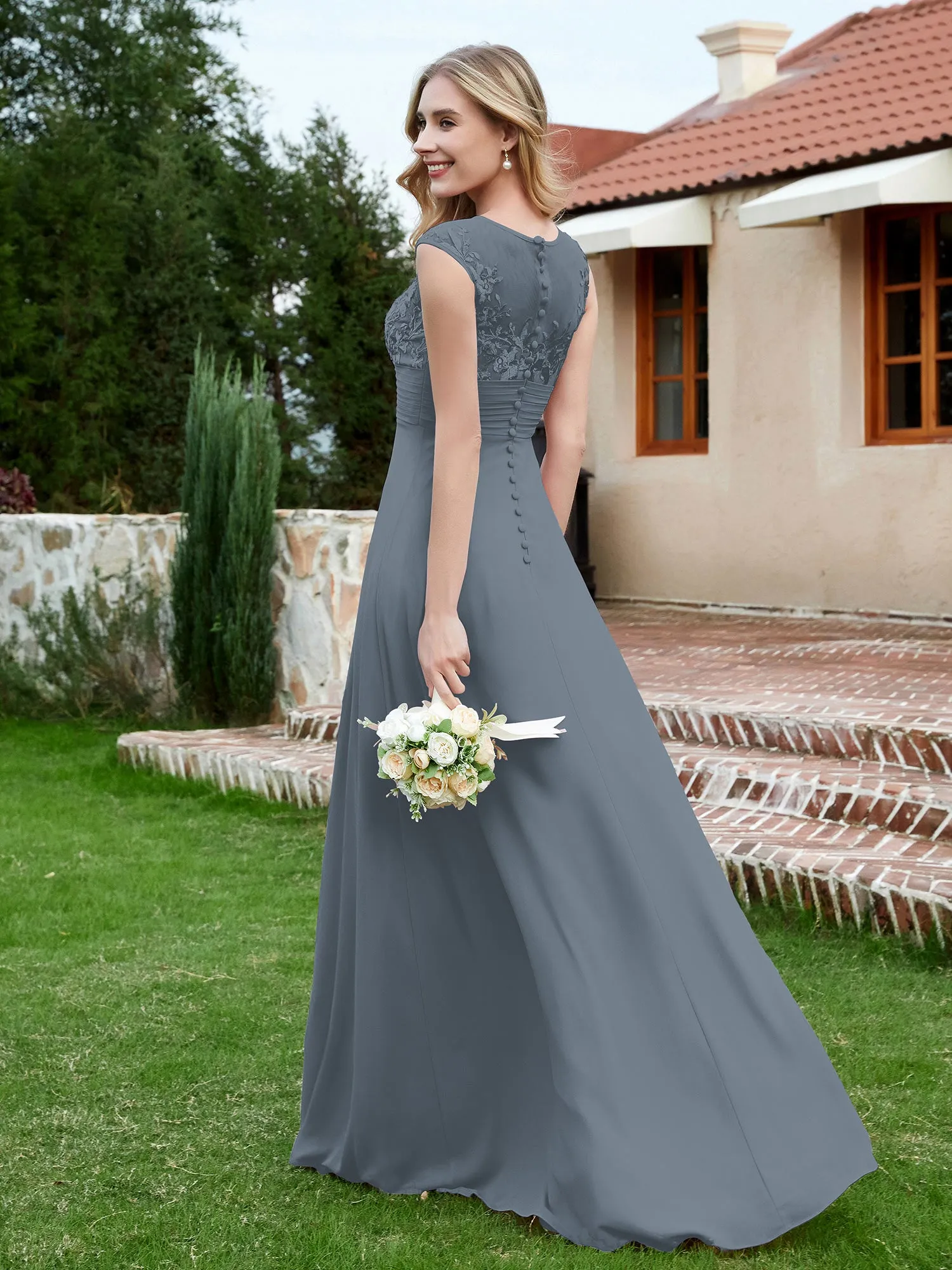 Chiffon And Lace Floor-length A-line Dress Slate Blue Plus Size