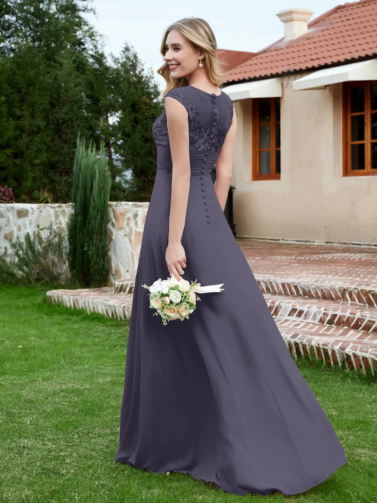 Chiffon And Lace Floor-length A-line Dress Stormy