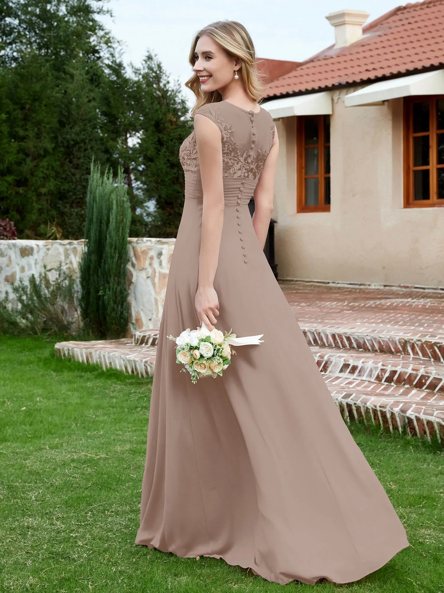 Chiffon And Lace Floor-length A-line Dress Taupe Plus Size