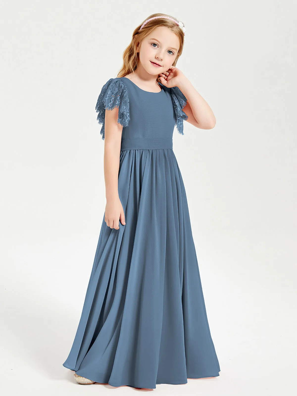 Chiffon Junior Bridesmaid Dresses Lace Flutter Sleeves Scoop Neck Slate Blue