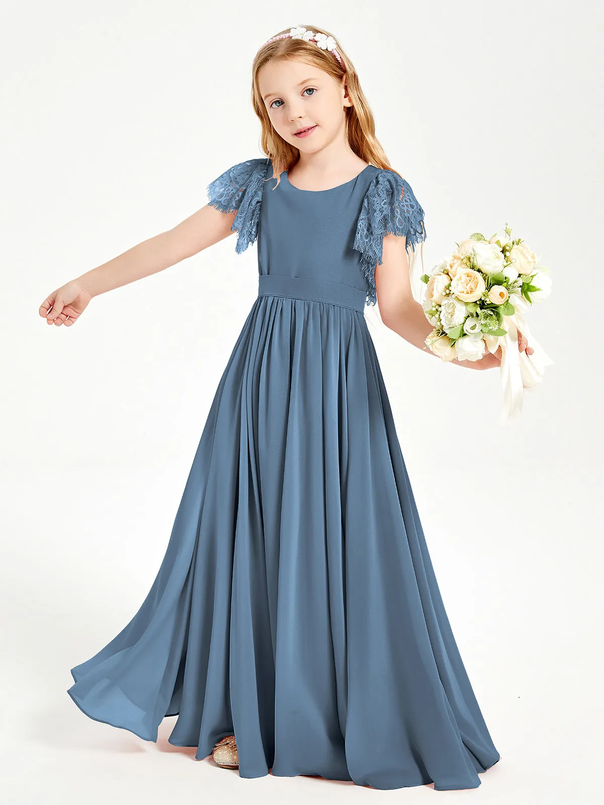 Chiffon Junior Bridesmaid Dresses Lace Flutter Sleeves Scoop Neck Slate Blue