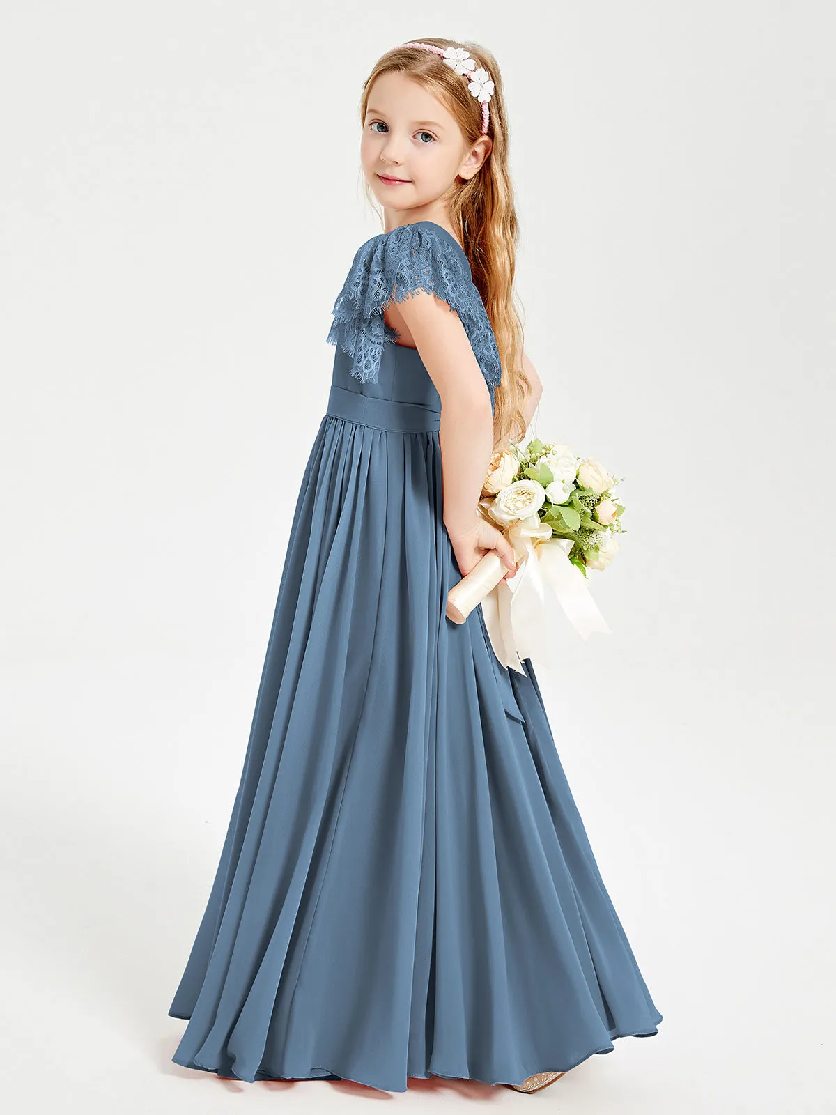 Chiffon Junior Bridesmaid Dresses Lace Flutter Sleeves Scoop Neck Slate Blue