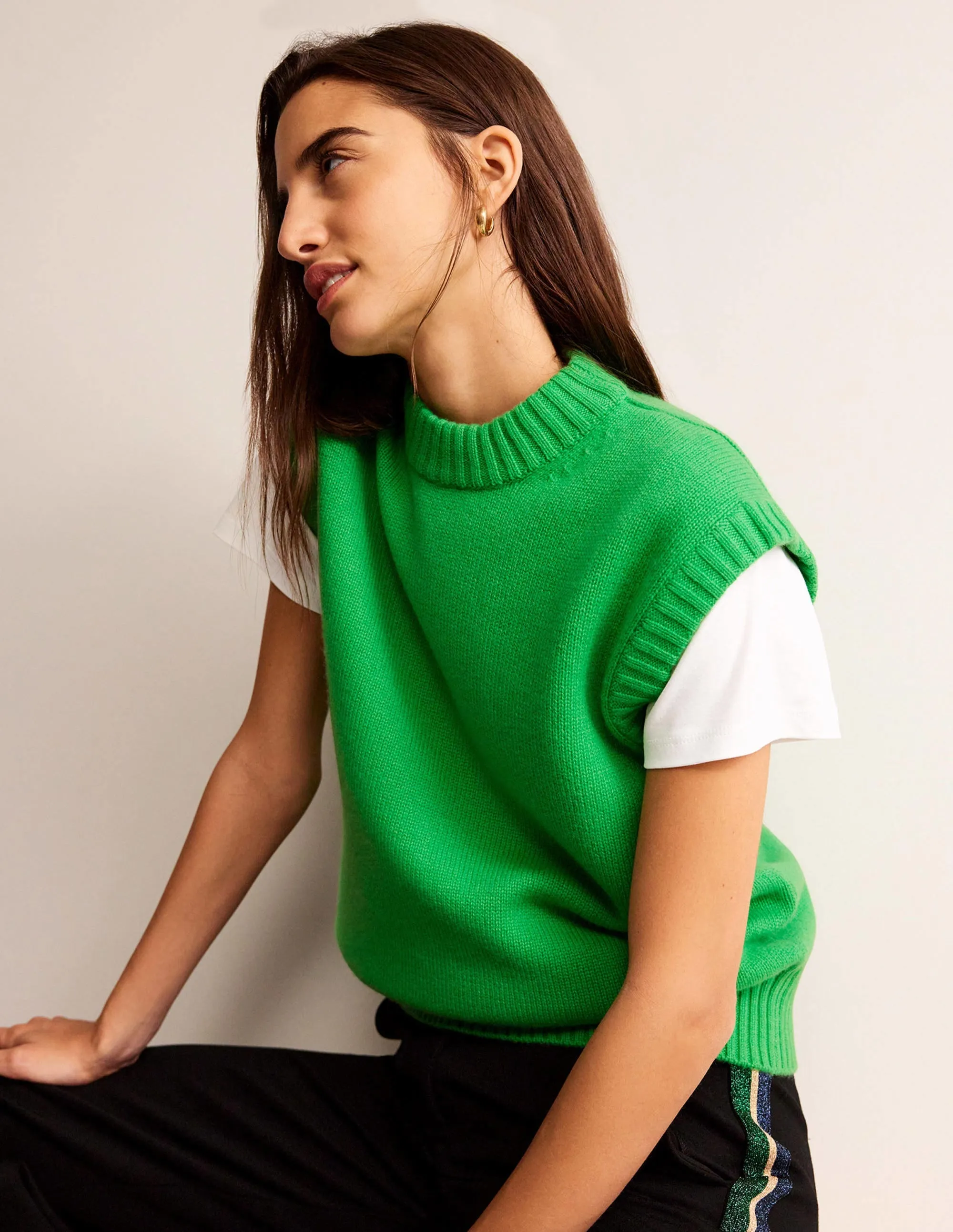 Chunky Cashmere Crew Neck Tank-Pigment Green