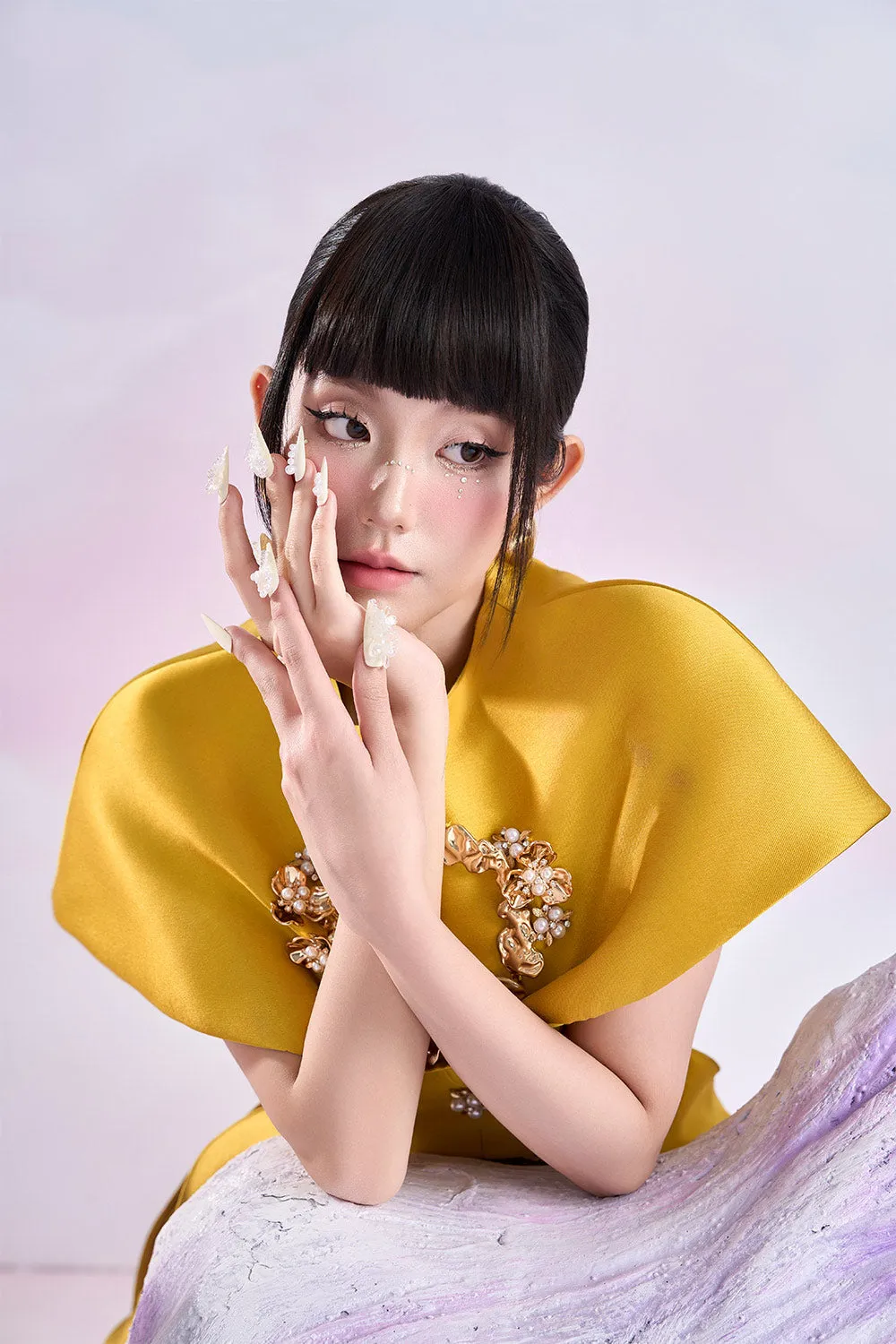 Citrine A-line Cape Shoulder Taffeta Floor Length Ao Dai
