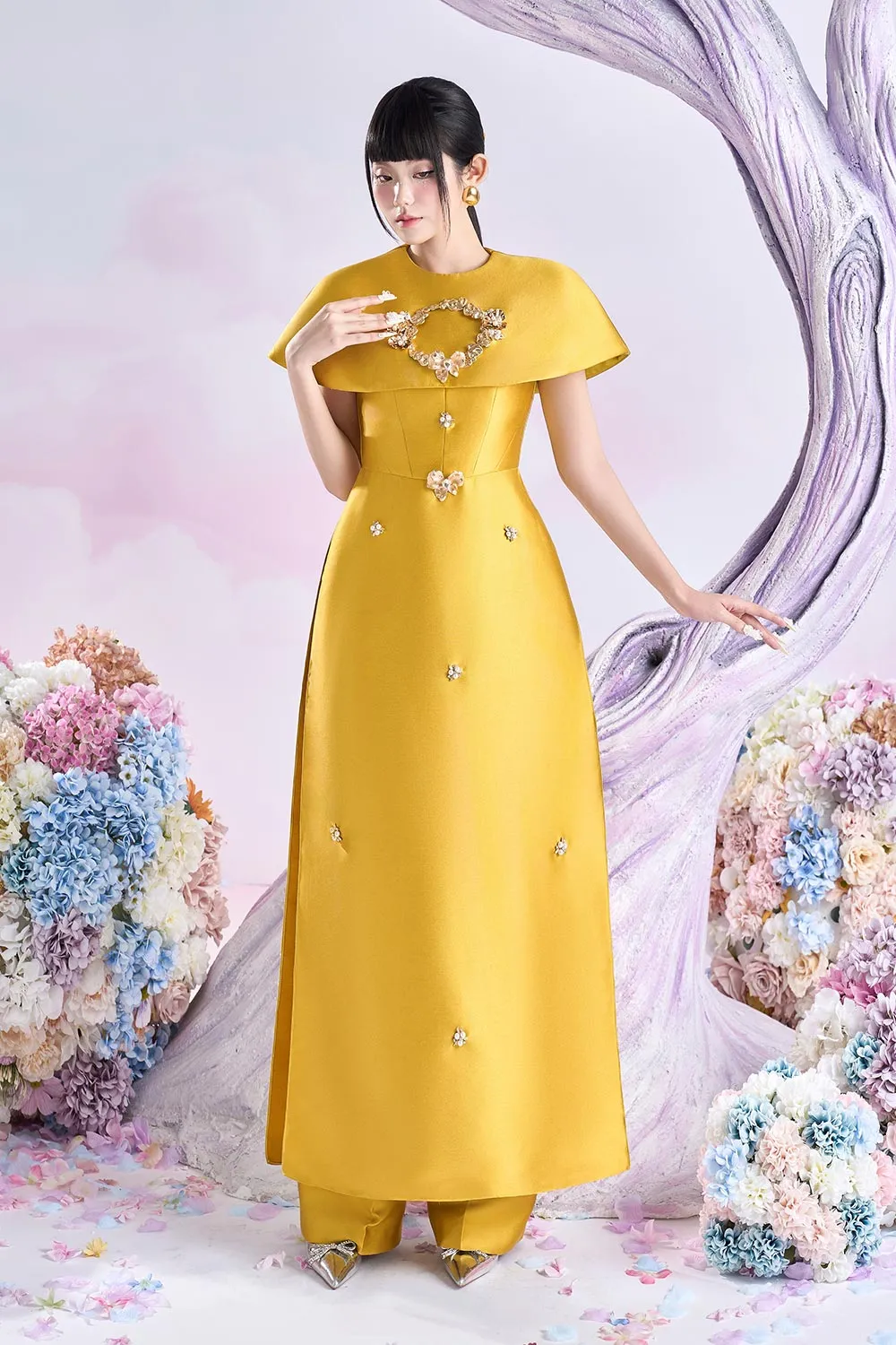 Citrine A-line Cape Shoulder Taffeta Floor Length Ao Dai