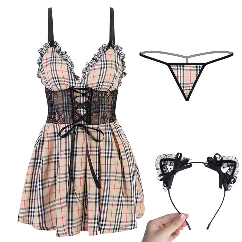 Classical Plaid Cotton Mini Dress Set