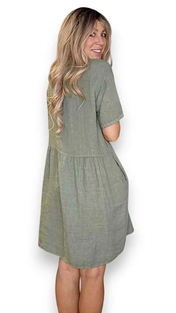 COCONUT BUTTON MIDI DRESS LINEN FOREST