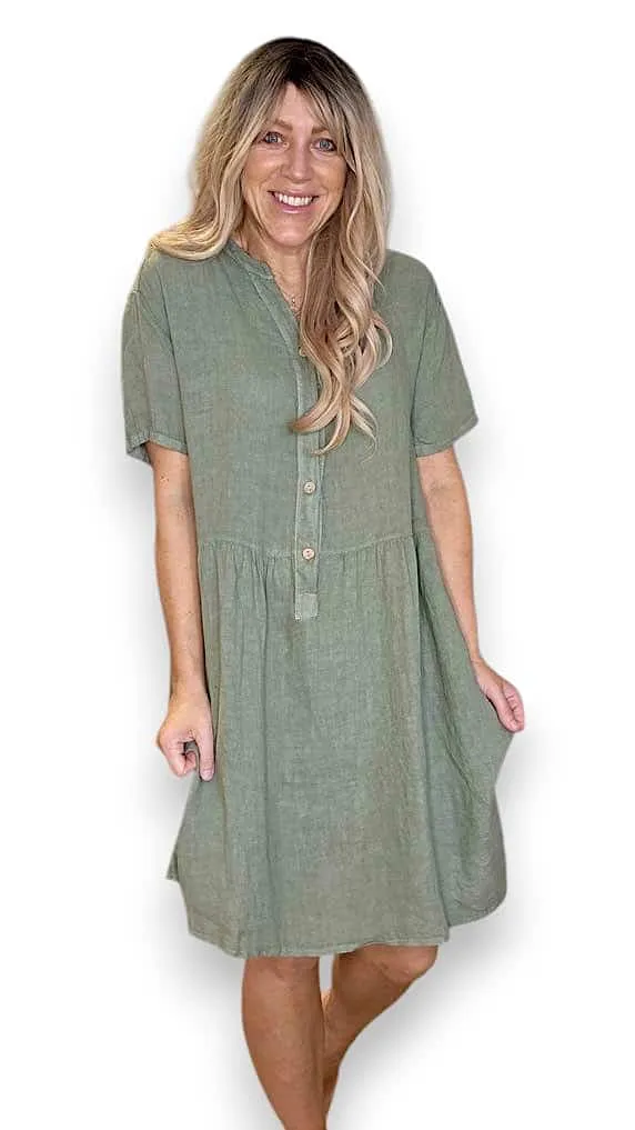 COCONUT BUTTON MIDI DRESS LINEN FOREST