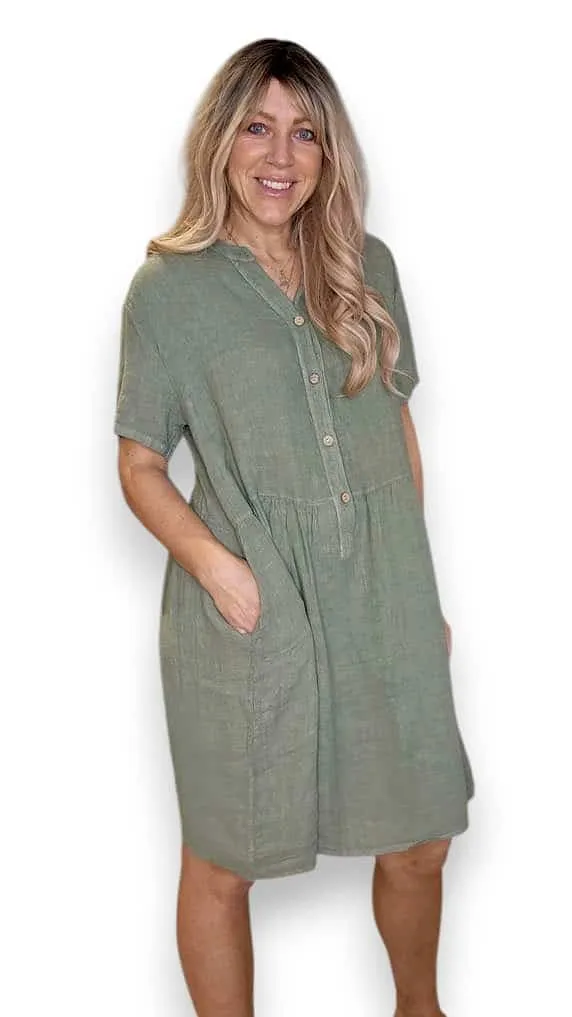 COCONUT BUTTON MIDI DRESS LINEN FOREST