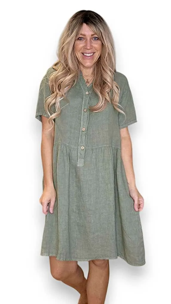 COCONUT BUTTON MIDI DRESS LINEN FOREST