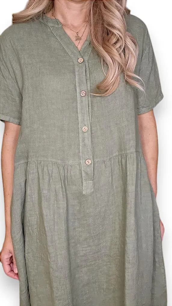 COCONUT BUTTON MIDI DRESS LINEN FOREST