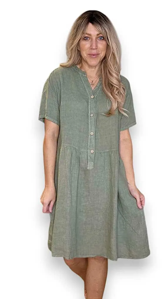 COCONUT BUTTON MIDI DRESS LINEN FOREST