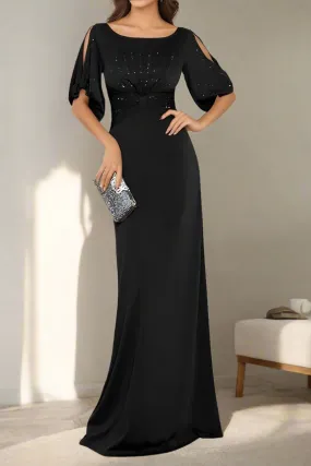 Column Elegant Half Sleeves Floor Length Black Mother of The Bride Dresses