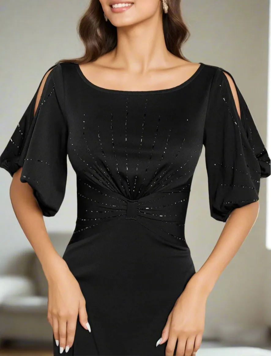 Column Elegant Half Sleeves Floor Length Black Mother of The Bride Dresses