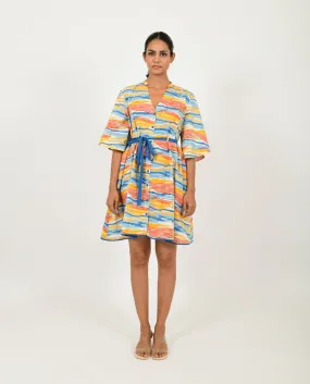 Cotton Block Printed Mini Dress with Belt