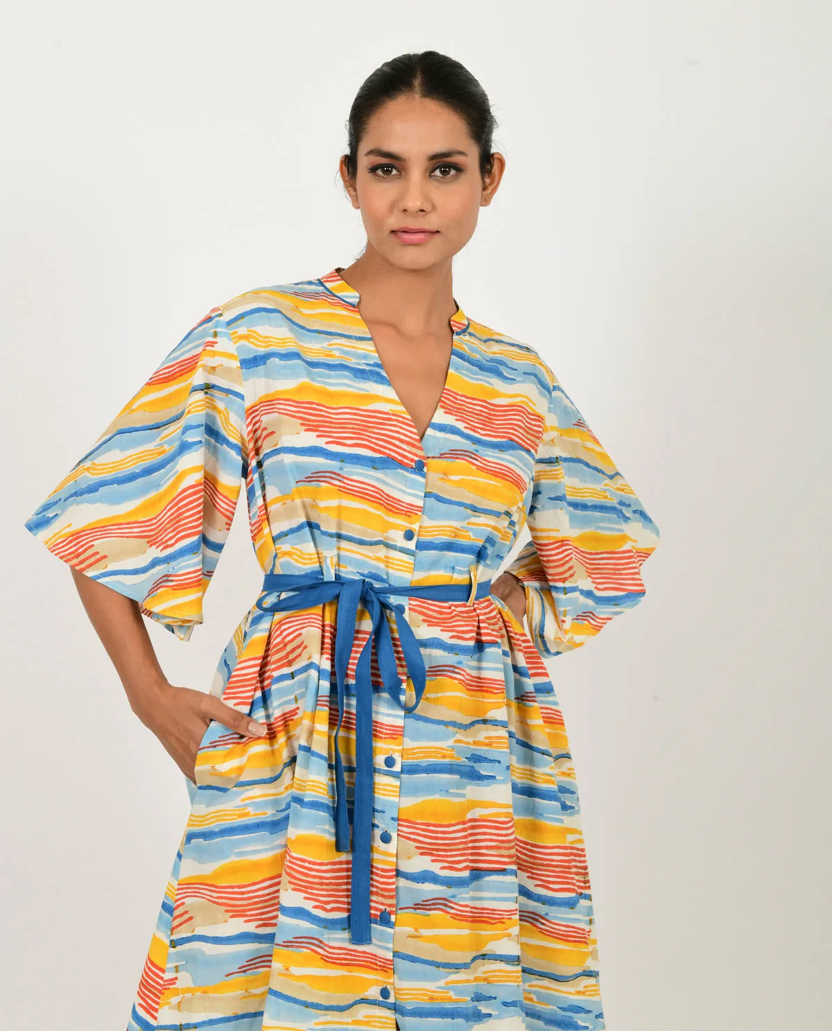 Cotton Block Printed Mini Dress with Belt