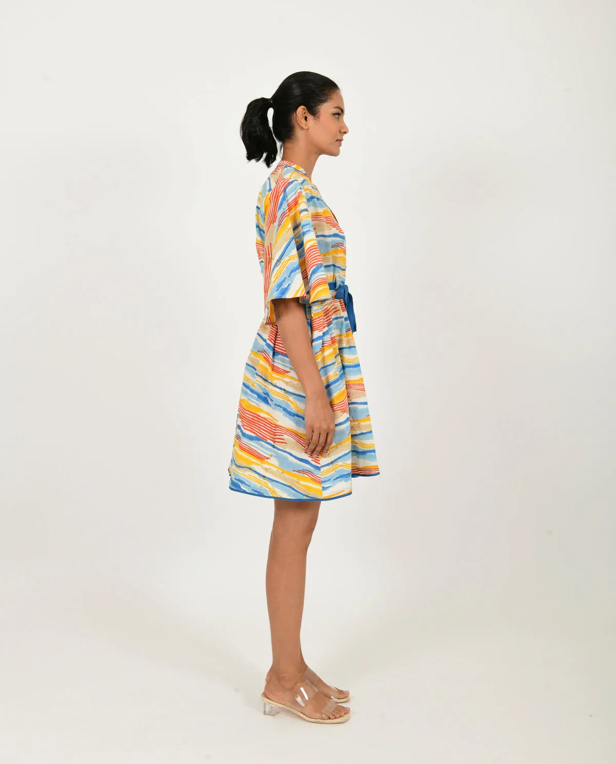 Cotton Block Printed Mini Dress with Belt
