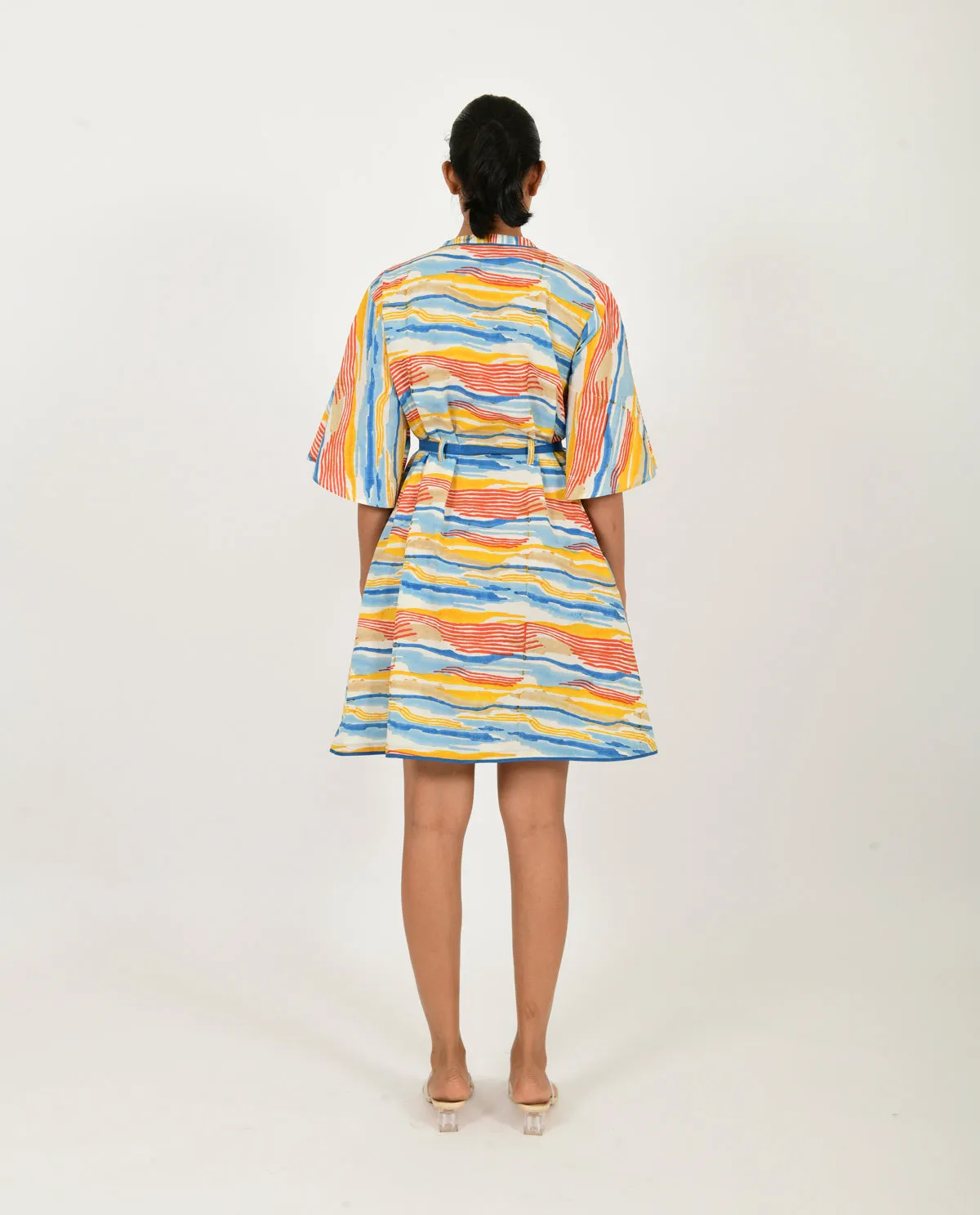 Cotton Block Printed Mini Dress with Belt