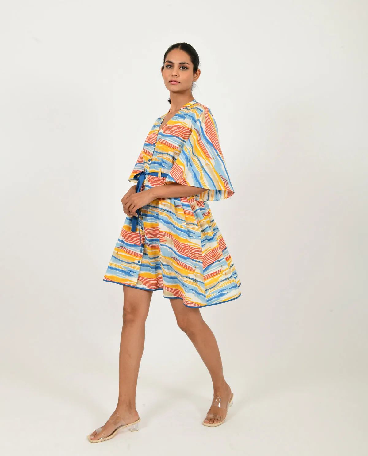 Cotton Block Printed Mini Dress with Belt