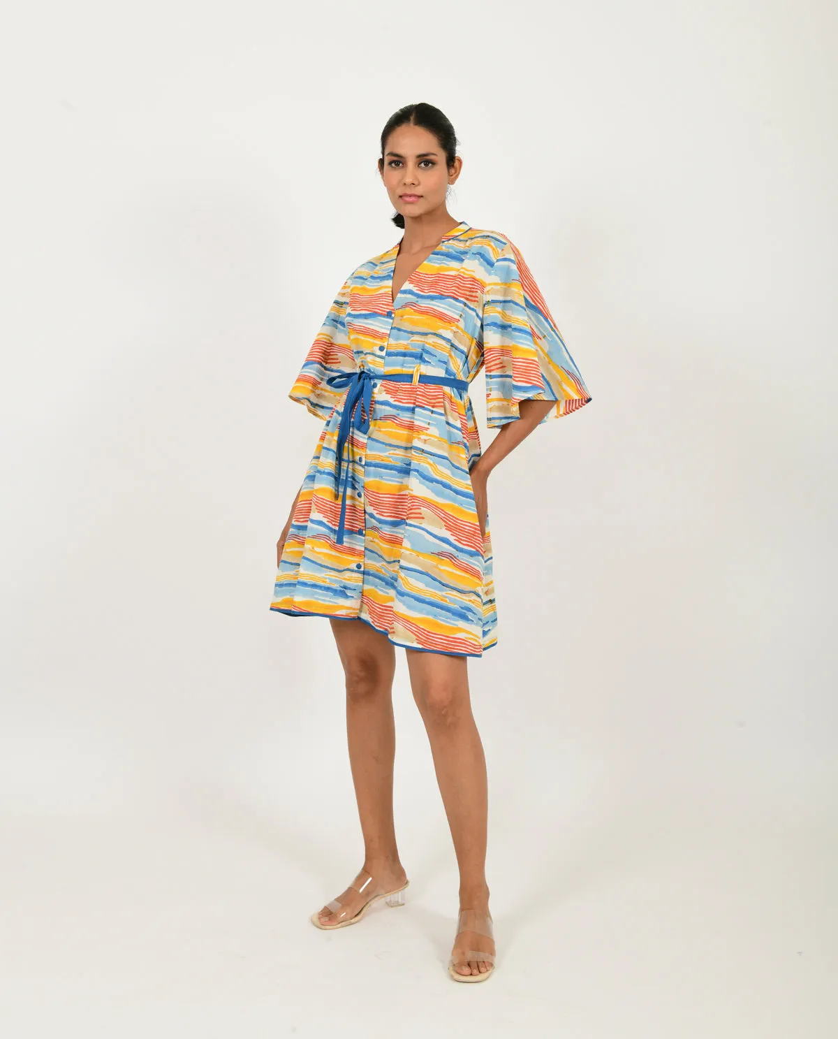 Cotton Block Printed Mini Dress with Belt
