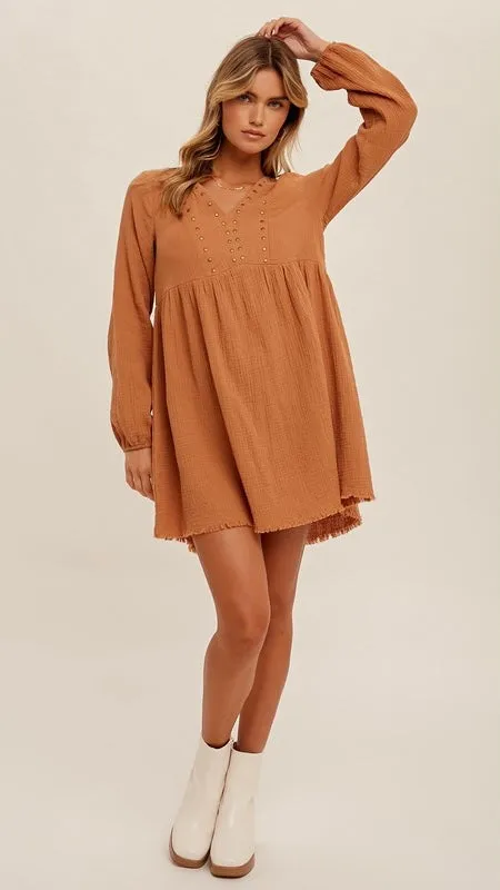 Cotton Gauze Studded Babydoll Dress
