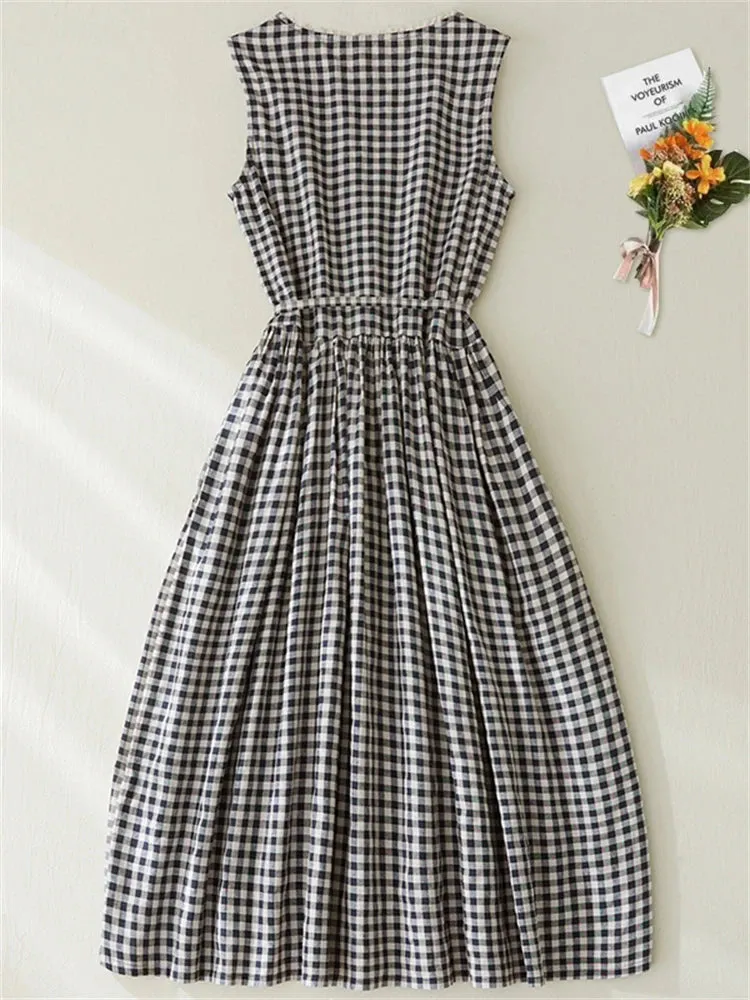 Cotton Linen Plaid Vintage Casual Fashion Dress Clothing