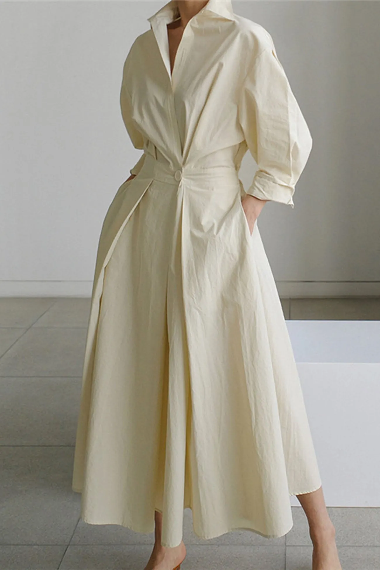 Cotton Long Sleeve A-Line Shirt Midi Dress