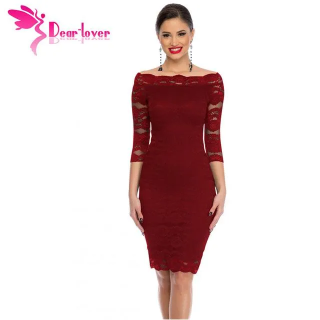 Dear-Lover Office Ladies Dress Party Slash Nech Black Lace Scalloped Off Shoulder Midi Dress Fall Vestido de Renda Festa LC61291