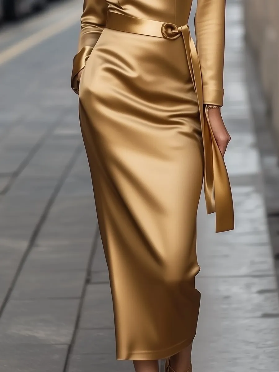 Elegant Gold Satin Dress with Belted Waist