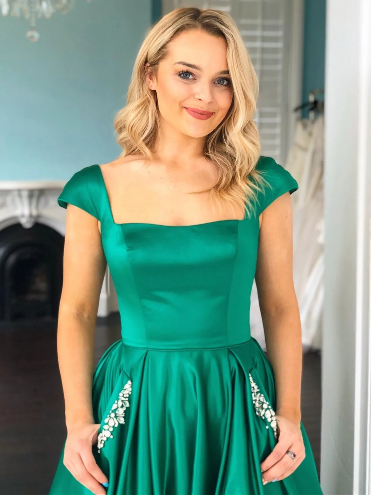 Elegant Long A-line Satin Cap Sleeves Graduation Prom Dresses with Pockets